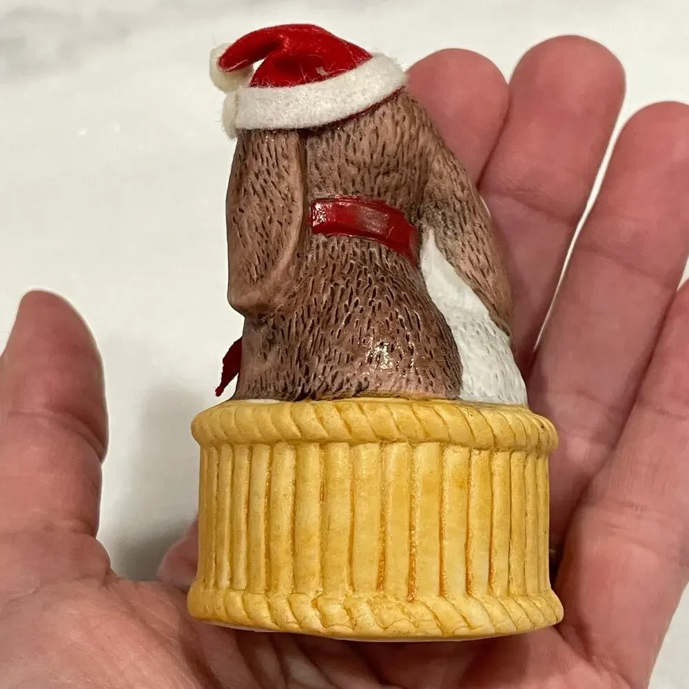 Vintage Porcelain Christmas Puppy Kitten Bell Ornament JSNY Santa Hat Dog Cat